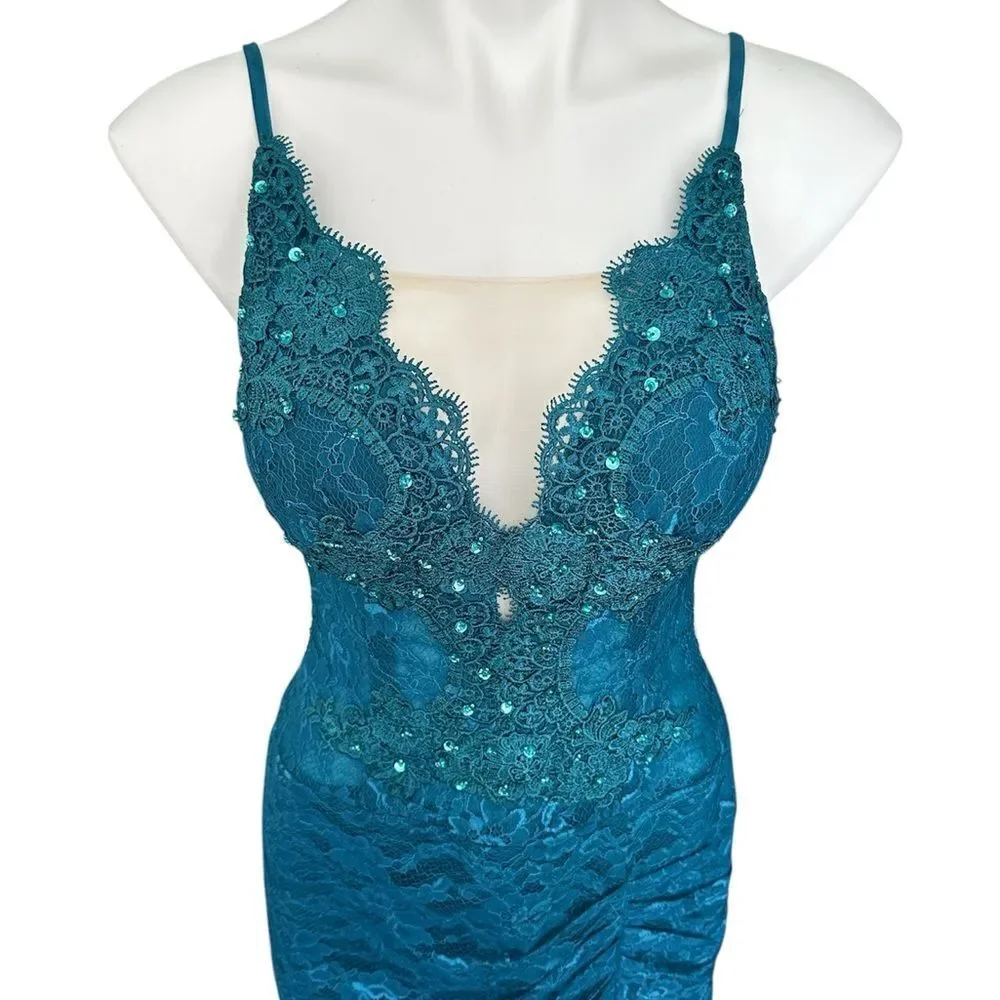 Elegant Lace and Sequined Dress Teal/Nude NWOT